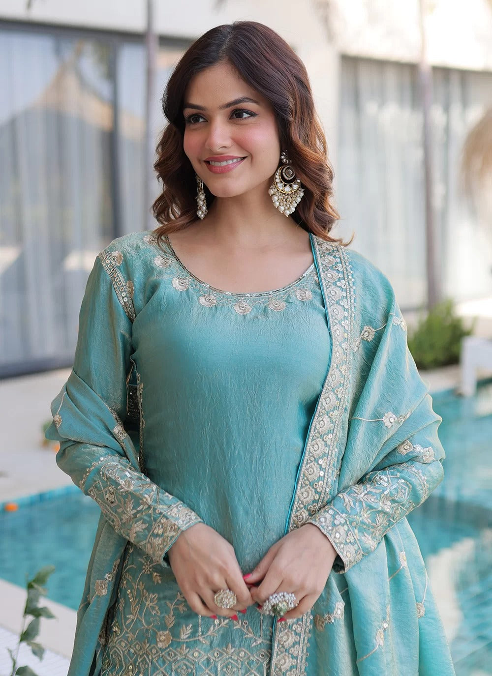 Sky blue embroidered sharara dress set in fendi crush fabric