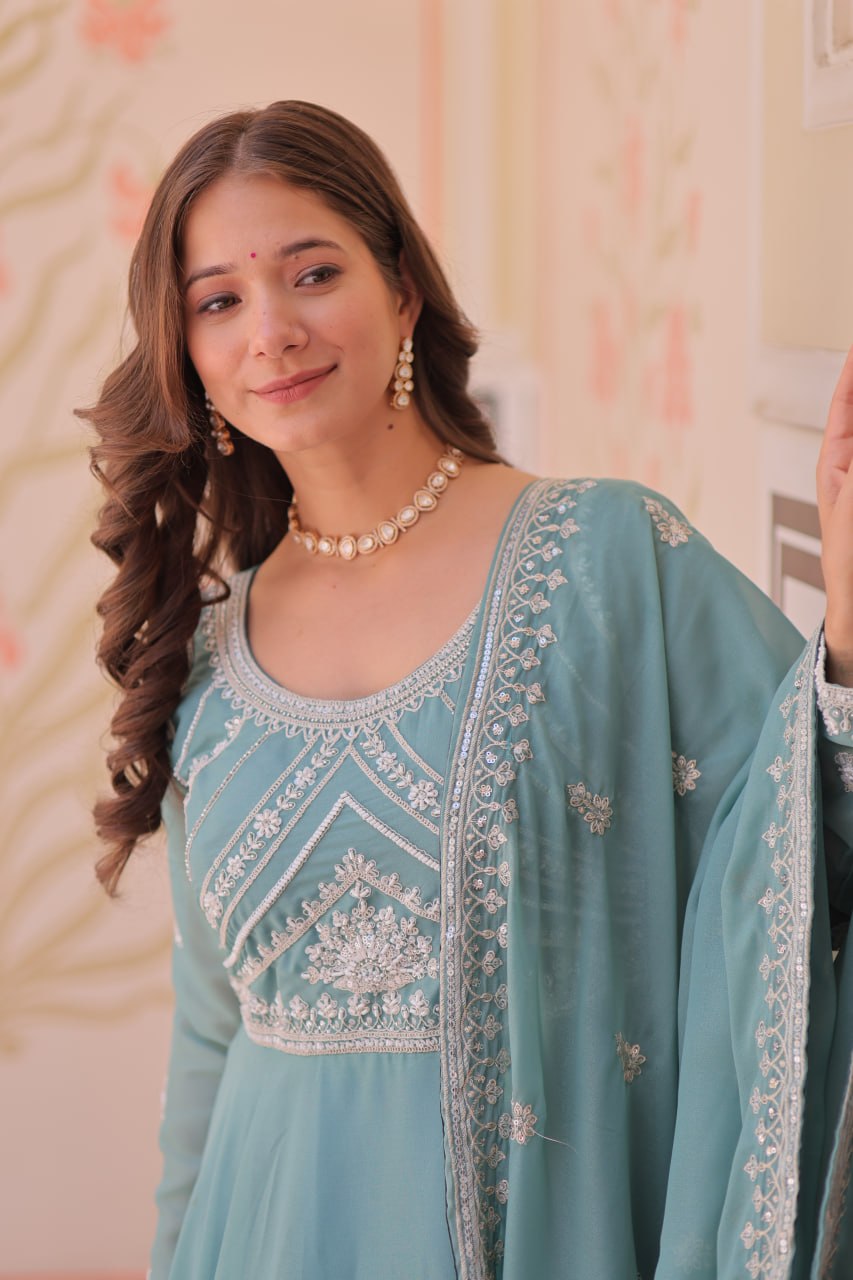 Sky Georgette Sequins Embroidered Gown