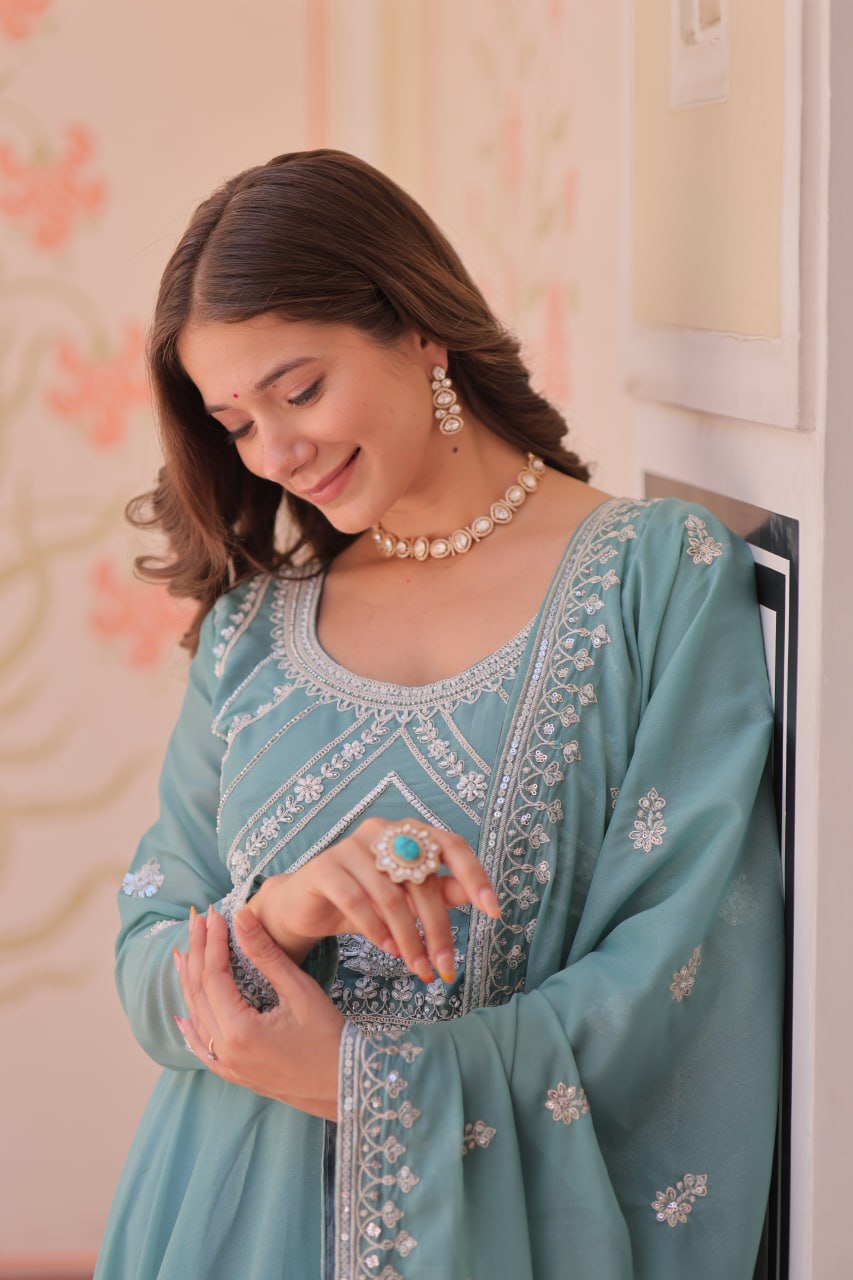 Sky Georgette Sequins Embroidered Gown