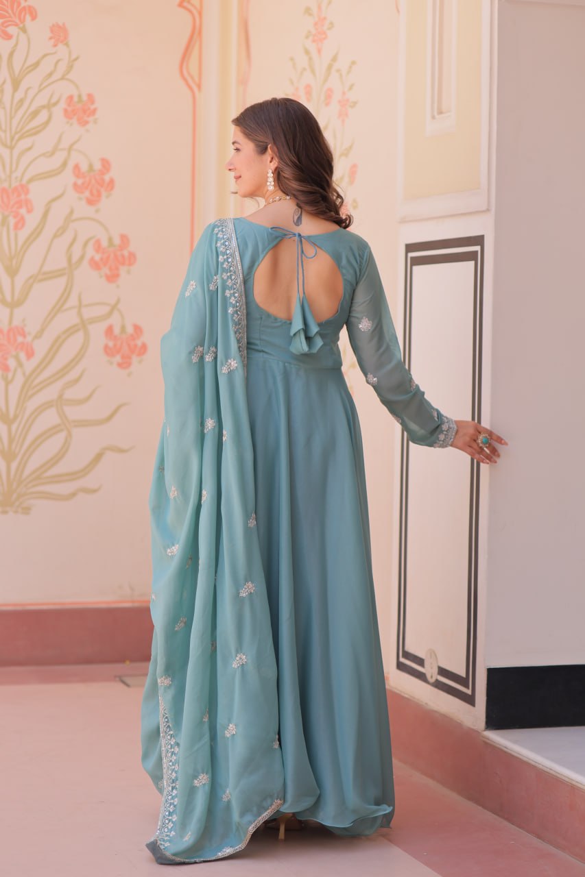 Sky Georgette Sequins Embroidered Gown