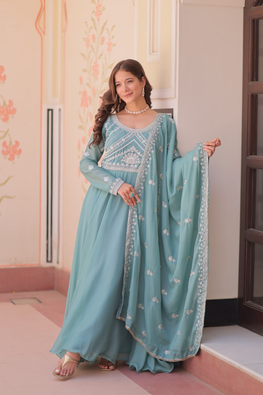Sky Georgette Sequins Embroidered Gown