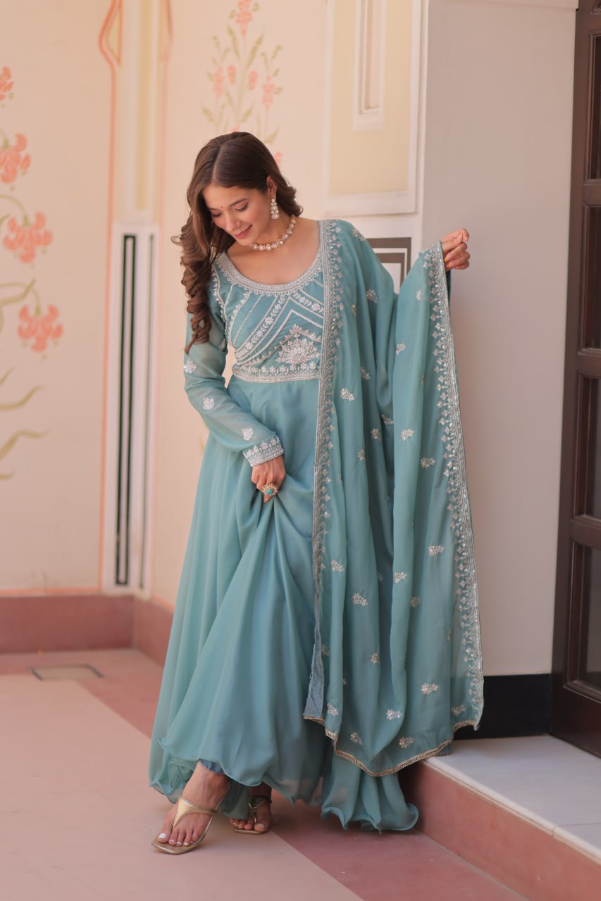 Sky Georgette Sequins Embroidered Gown