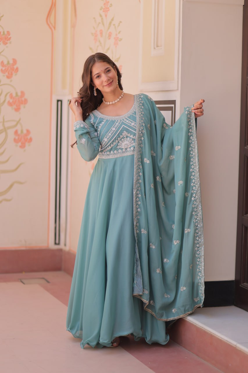 Sky Georgette Sequins Embroidered Gown
