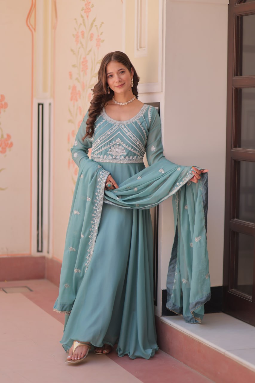 Sky Georgette Sequins Embroidered Gown