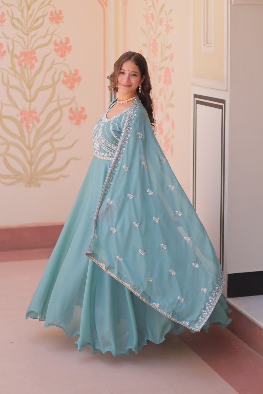 Sky Georgette Sequins Embroidered Gown