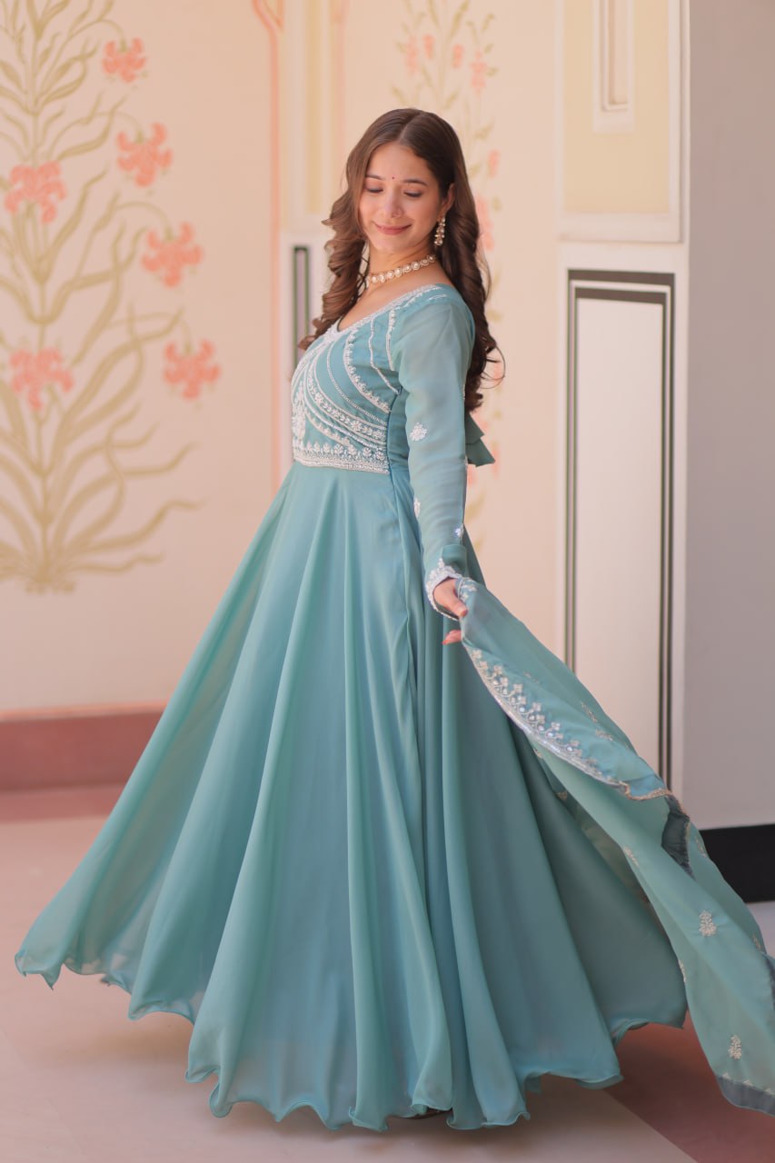 Sky Georgette Sequins Embroidered Gown