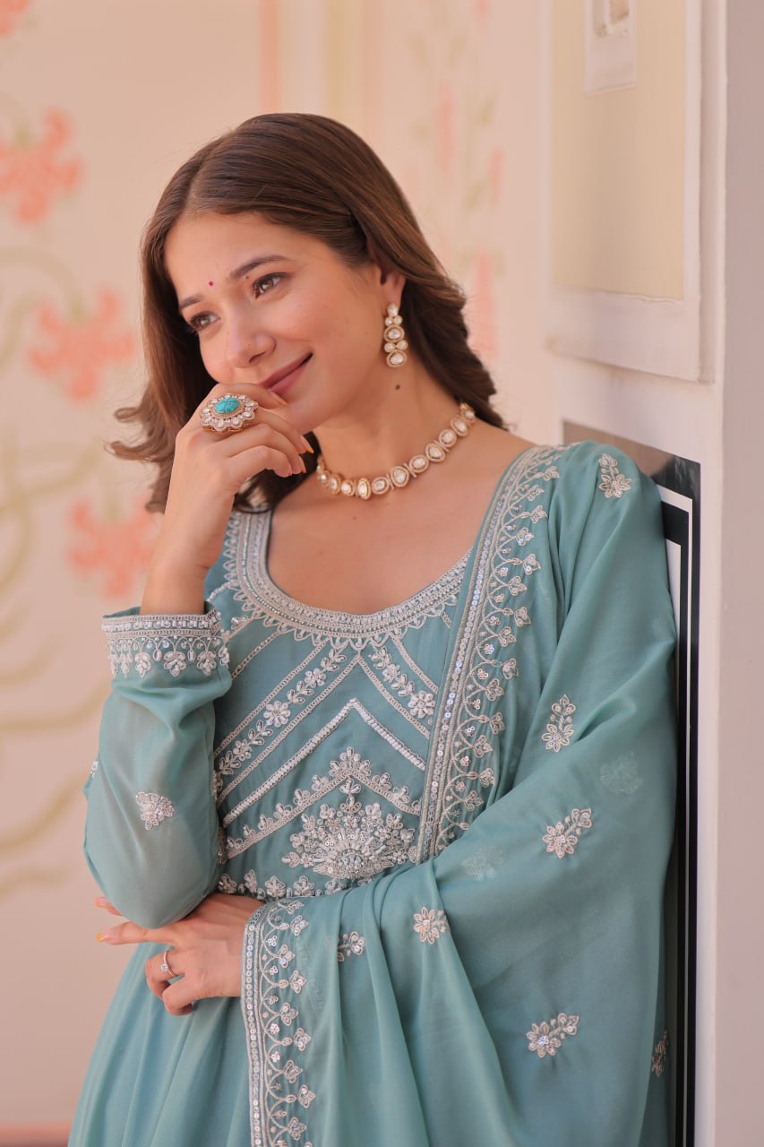 Sky Georgette Sequins Embroidered Gown