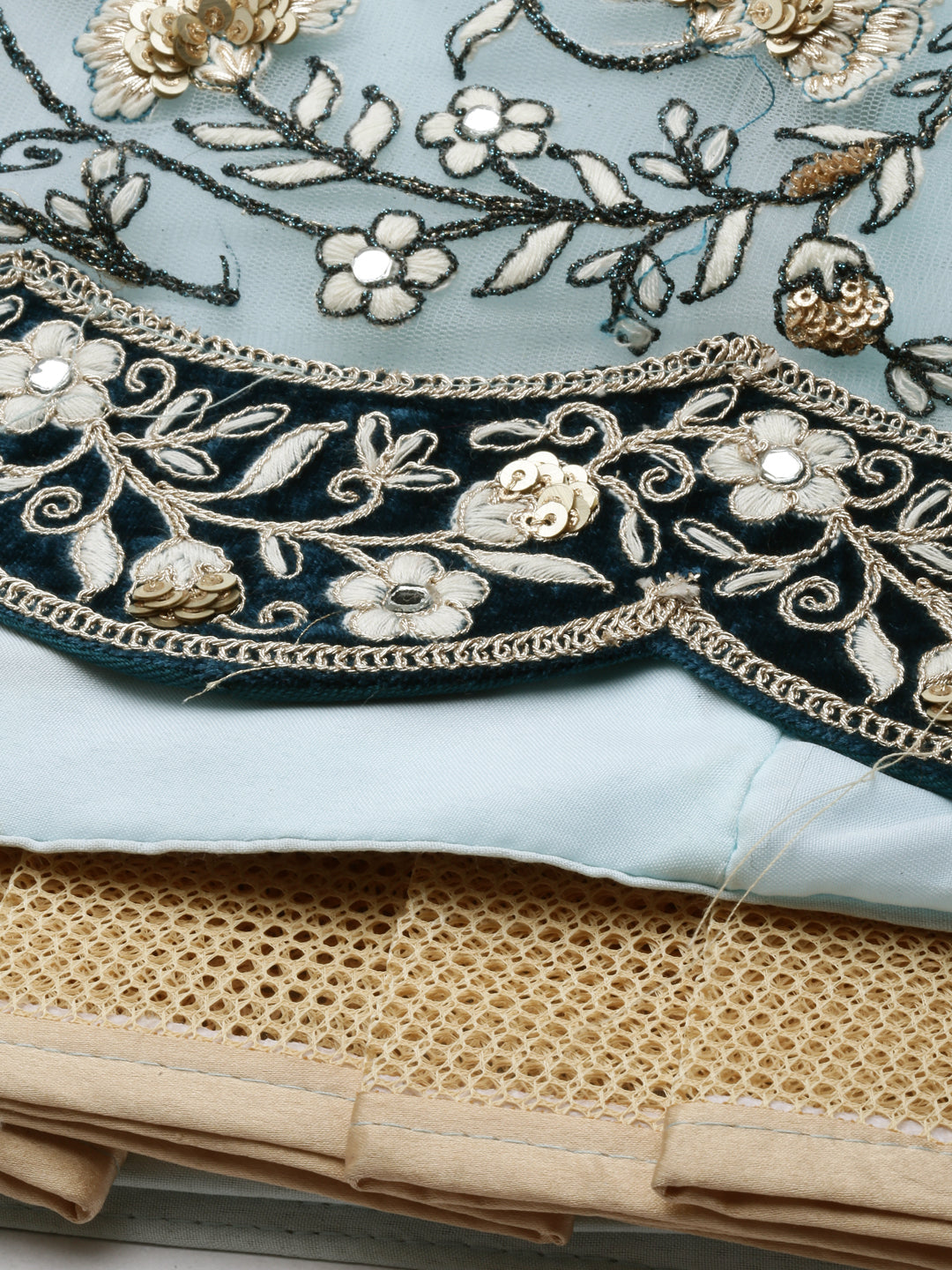 Sky - Net Floral Work Semi-Stitched Lehenga
