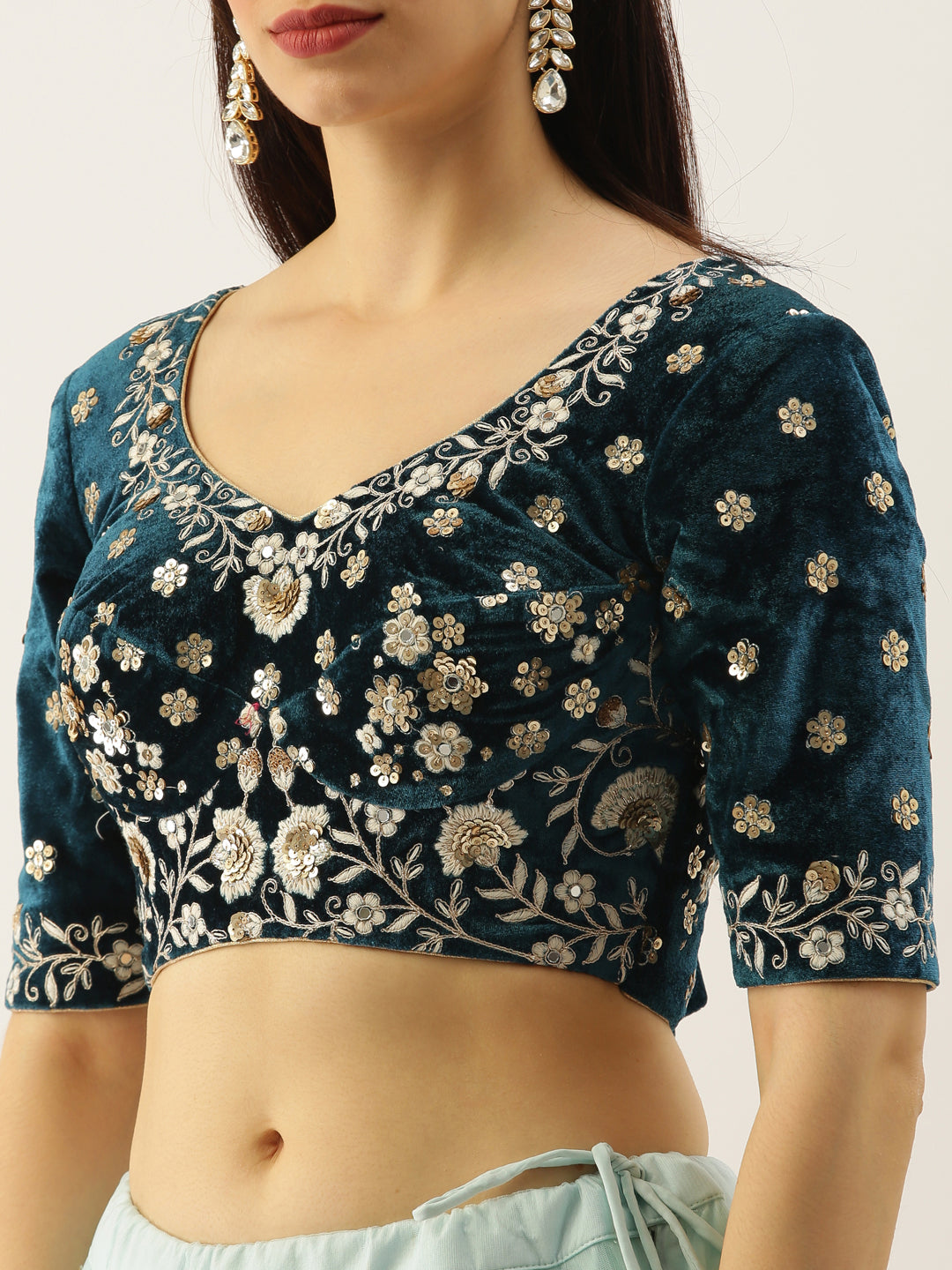 Sky - Net Floral Work Semi-Stitched Lehenga