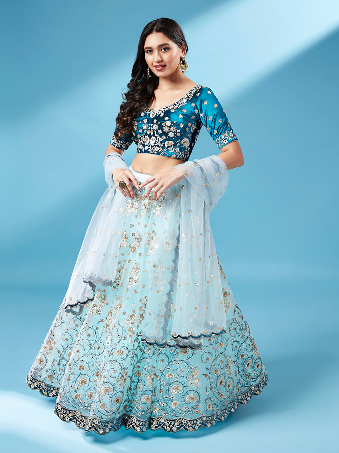 Sky - Net Floral Work Semi-Stitched Lehenga