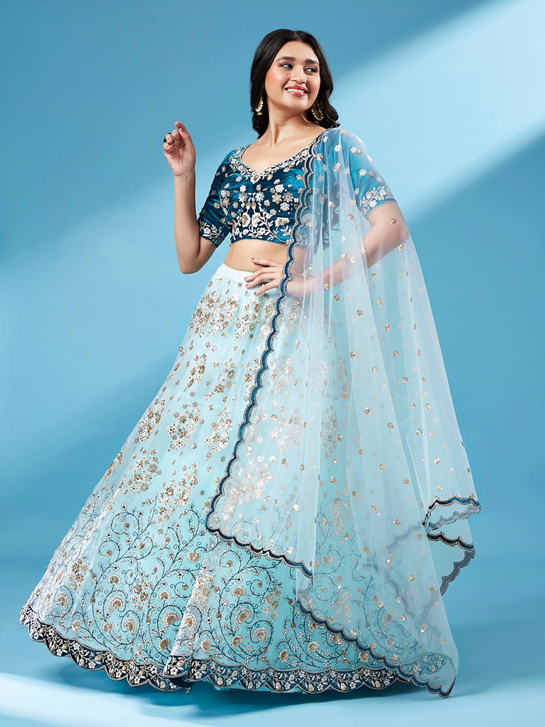 Sky - Net Floral Work Semi-Stitched Lehenga