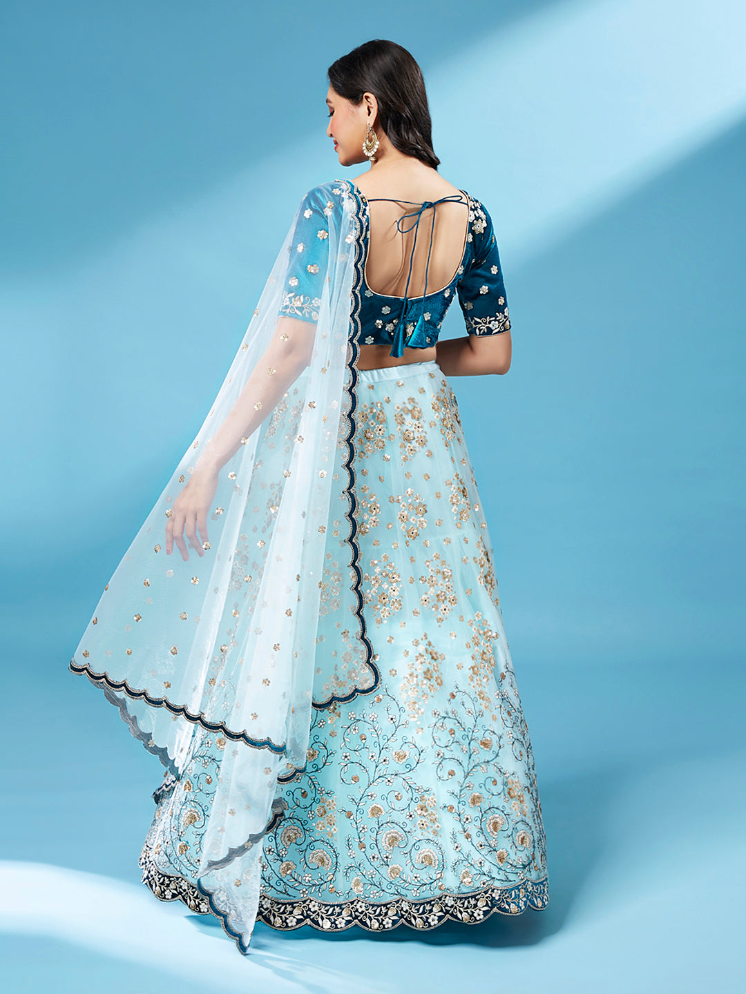 Sky - Net Floral Work Semi-Stitched Lehenga