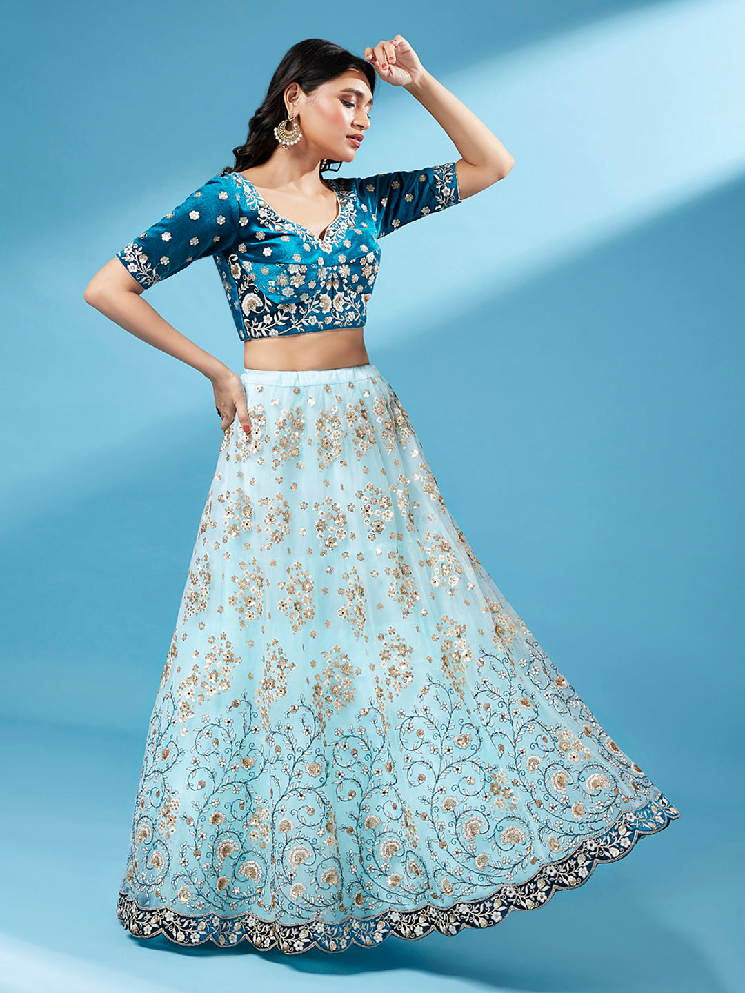 Sky - Net Floral Work Semi-Stitched Lehenga