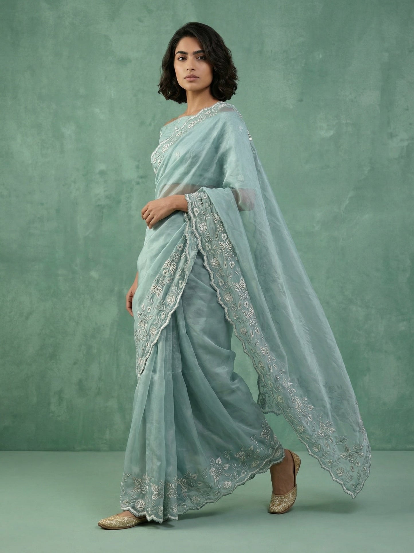 Pure Chanda Silk Floral Embroidered Saree with Schiffli Resham Zari Work And Cutwork Border