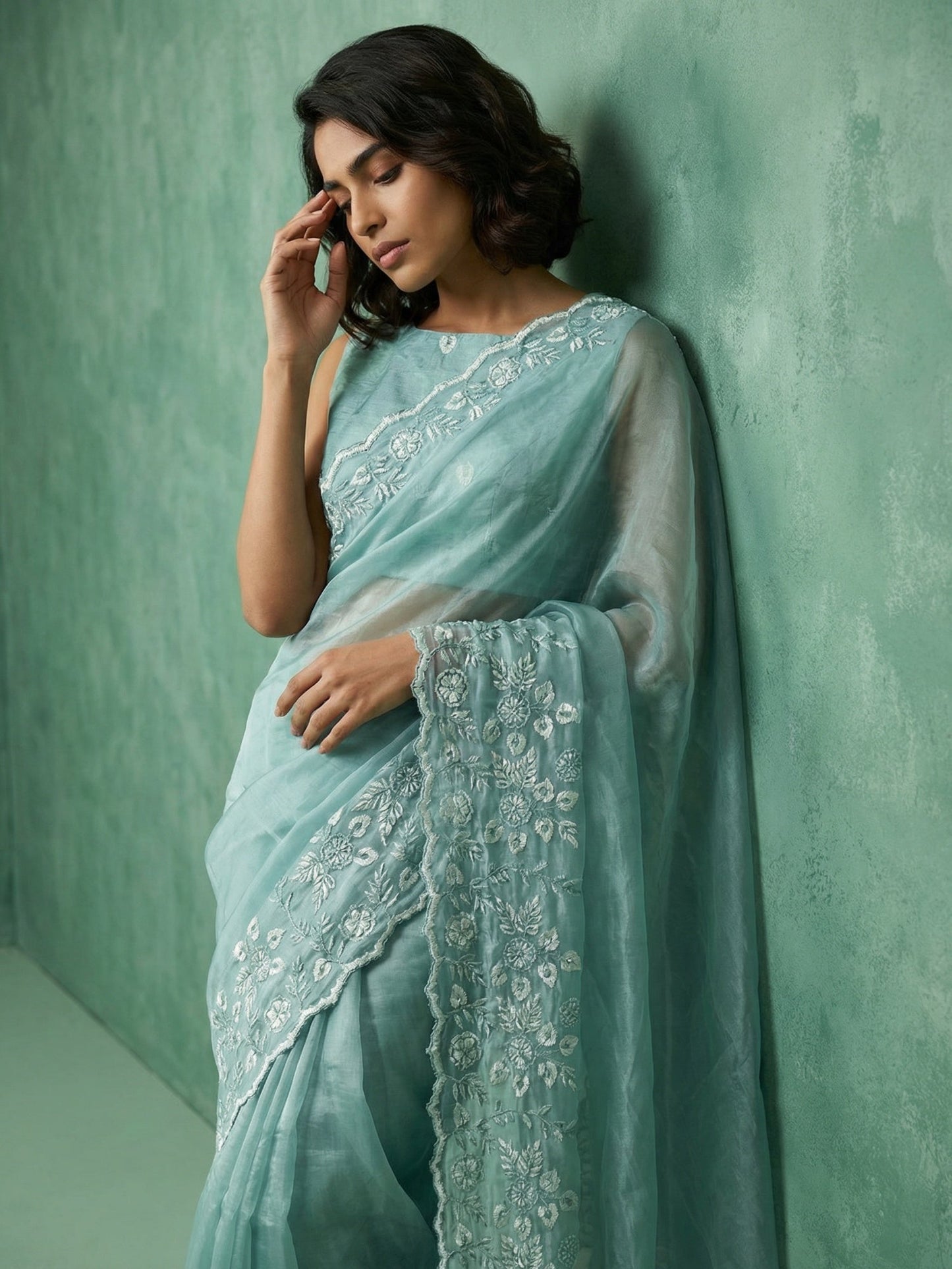 Pure Chanda Silk Floral Embroidered Saree with Schiffli Resham Zari Work And Cutwork Border