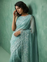 Pure Chanda Silk Floral Embroidered Saree with Schiffli Resham Zari Work And Cutwork Border