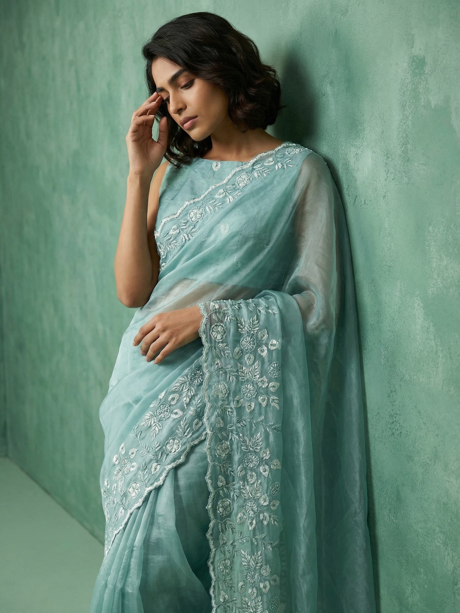 Pure Chanda Silk Floral Embroidered Saree with Schiffli Resham Zari Work And Cutwork Border