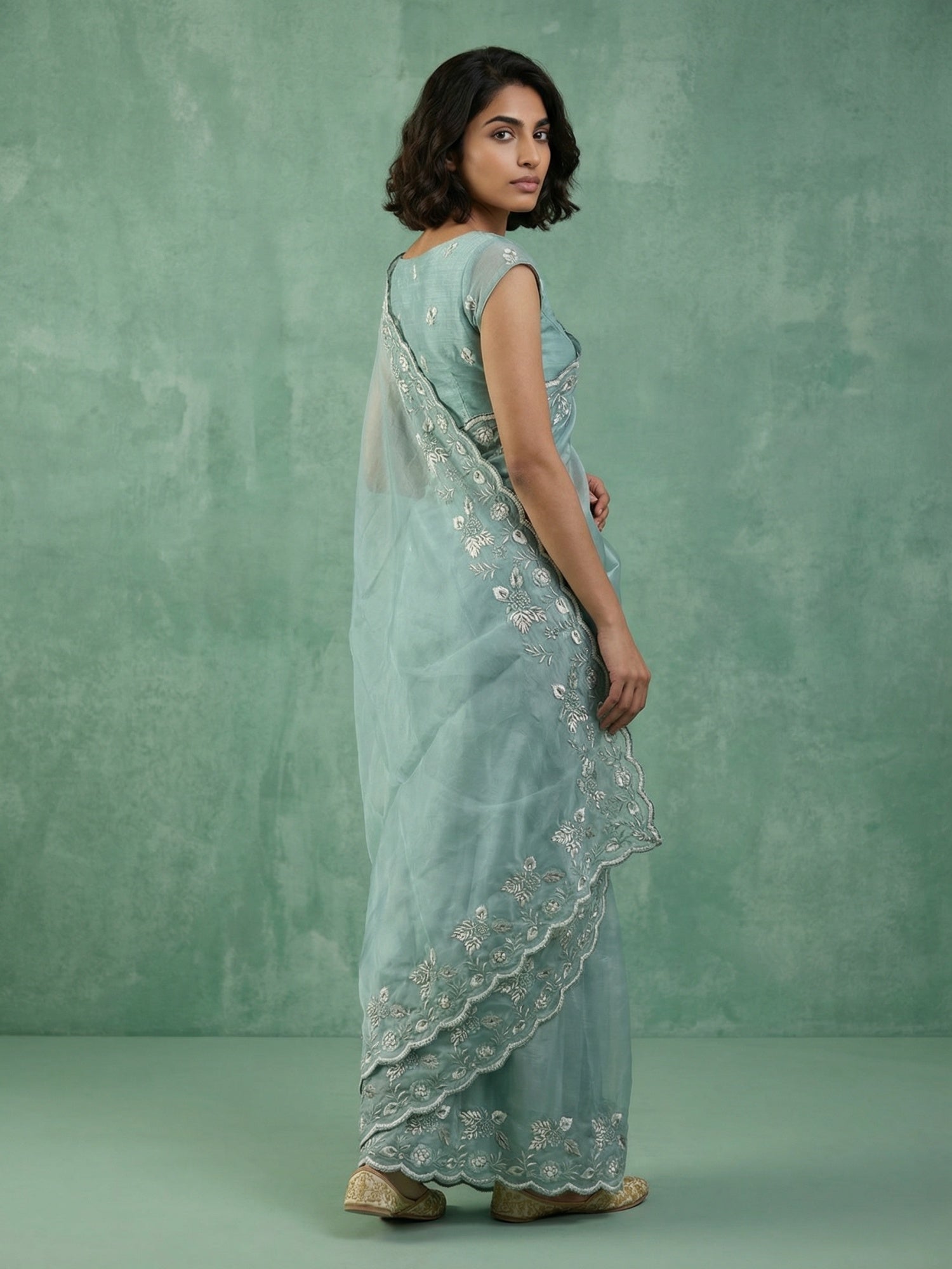 Pure Chanda Silk Floral Embroidered Saree with Schiffli Resham Zari Work And Cutwork Border
