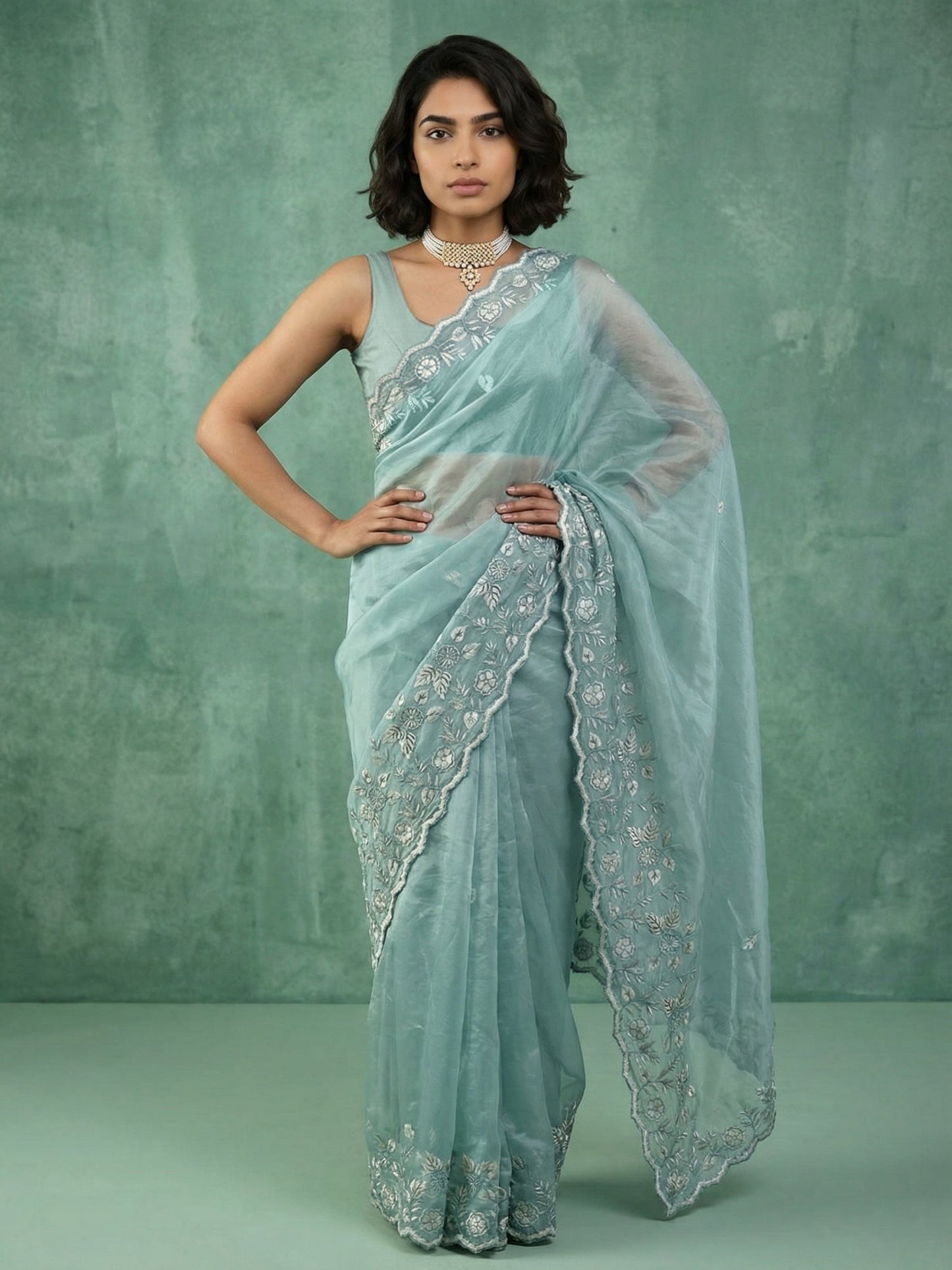 Pure Chanda Silk Floral Embroidered Saree with Schiffli Resham Zari Work And Cutwork Border