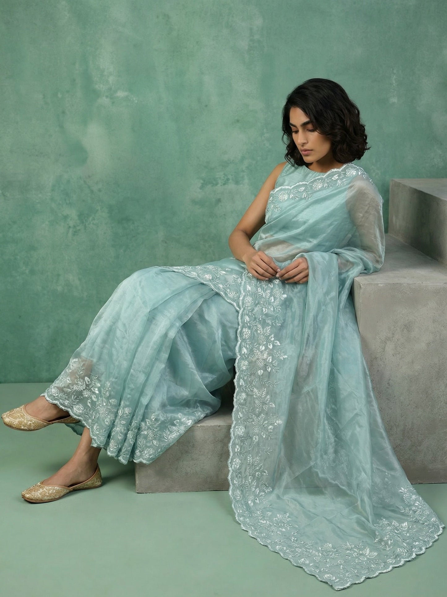 Pure Chanda Silk Floral Embroidered Saree with Schiffli Resham Zari Work And Cutwork Border