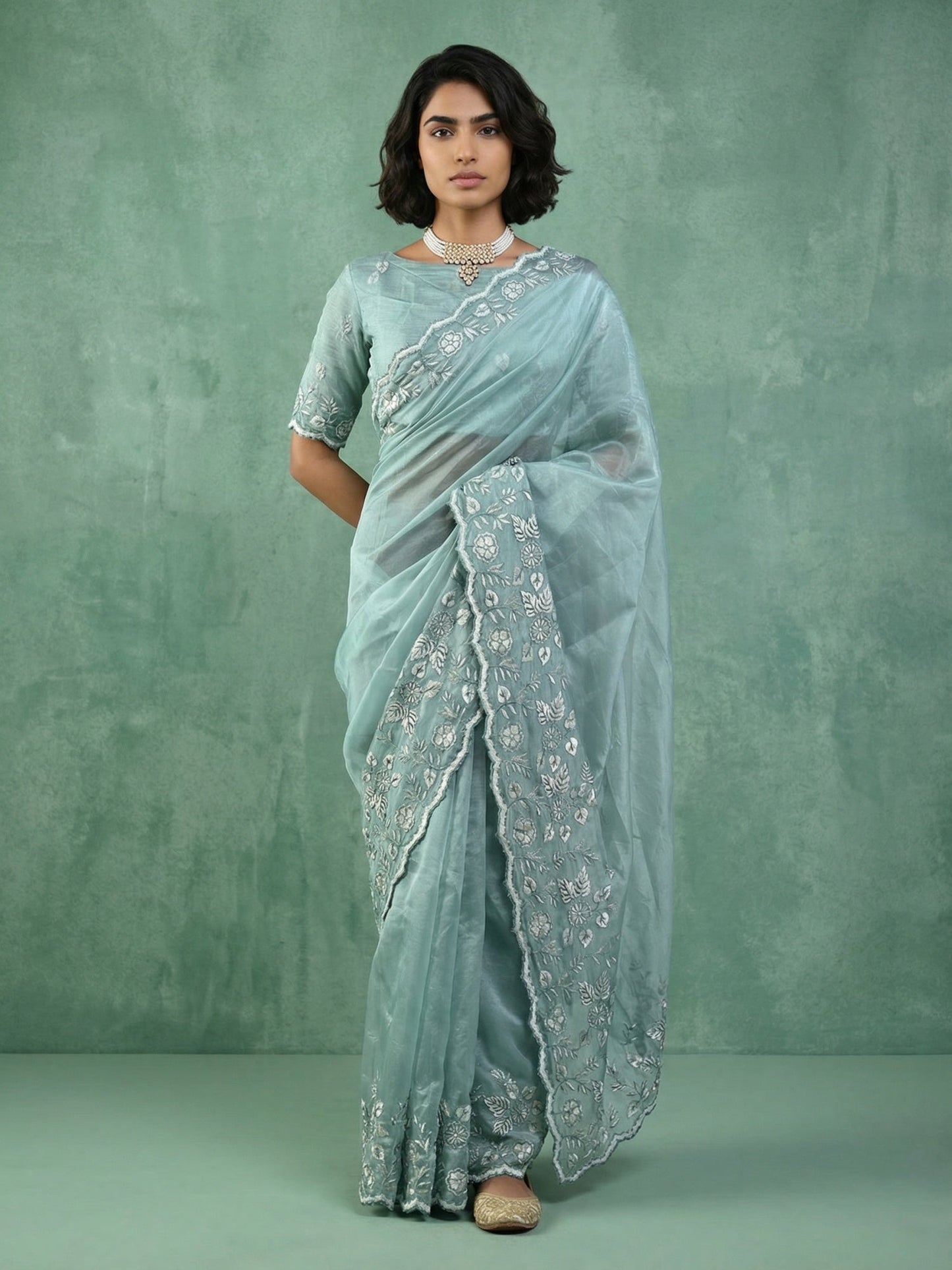 Pure Chanda Silk Floral Embroidered Saree with Schiffli Resham Zari Work And Cutwork Border