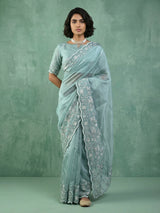 Pure Chanda Silk Floral Embroidered Saree with Schiffli Resham Zari Work And Cutwork Border