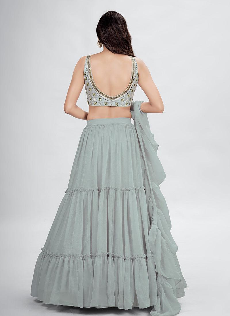 Sleeveless Hand Work Grey Crop Top Lehenga