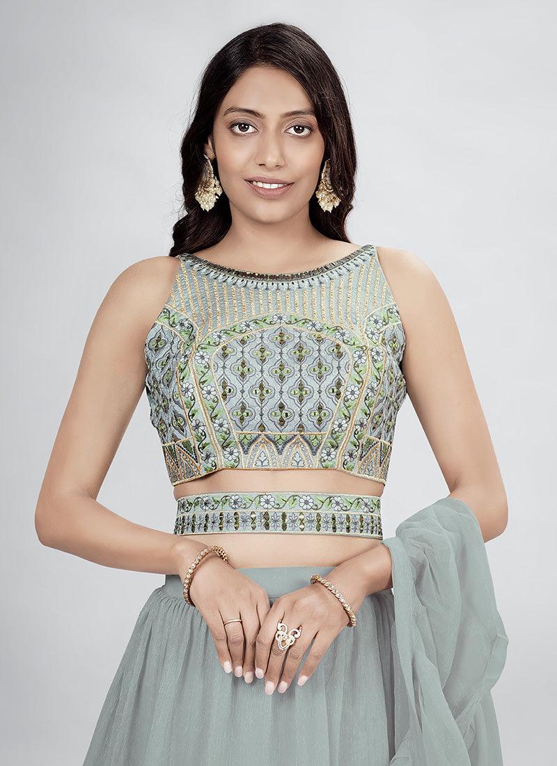 Sleeveless Hand Work Grey Crop Top Lehenga