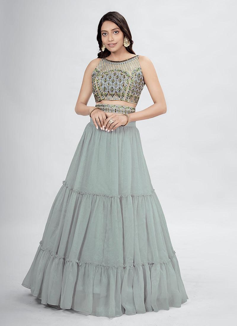 Sleeveless Hand Work Grey Crop Top Lehenga