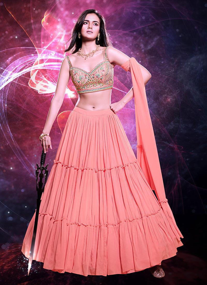 Sleeveless Peach Crop Top With lehenga choli