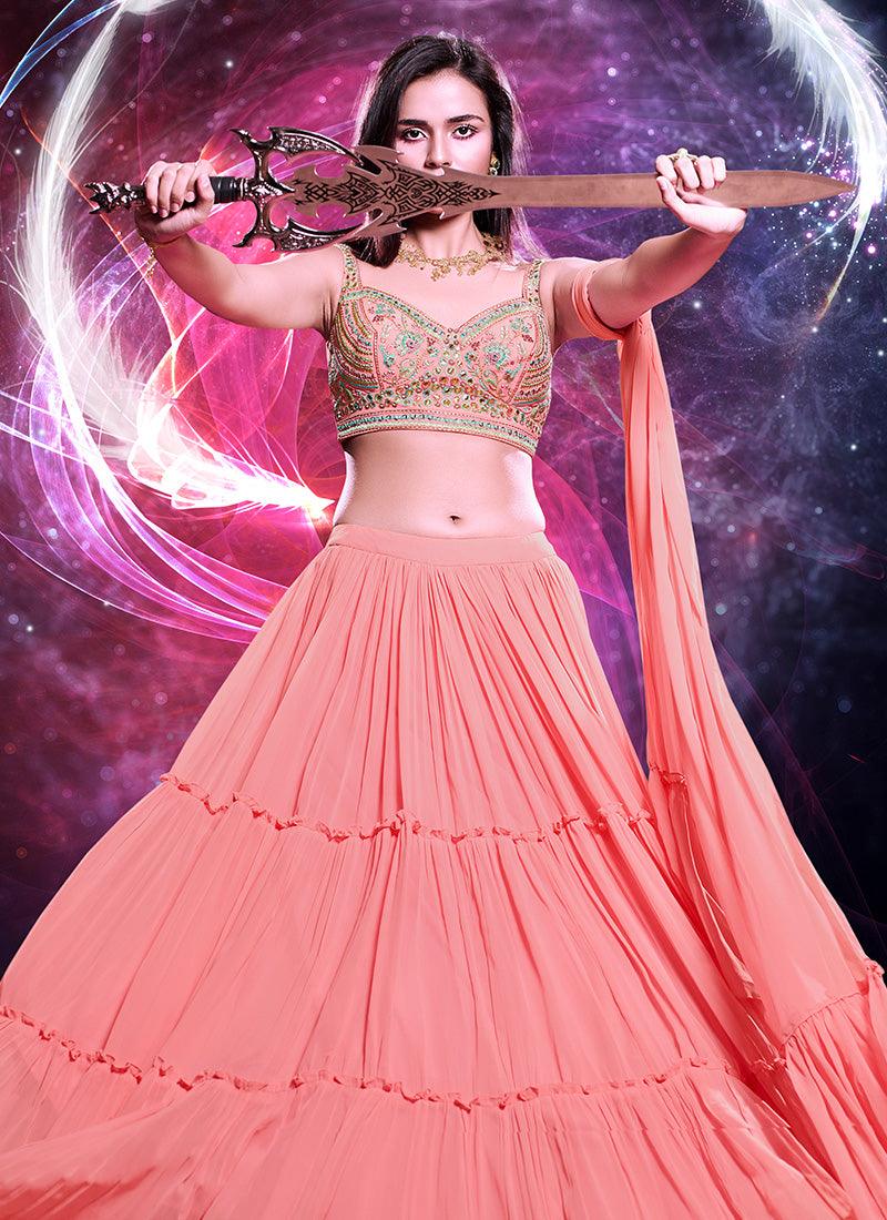 Sleeveless Peach Crop Top With lehenga choli