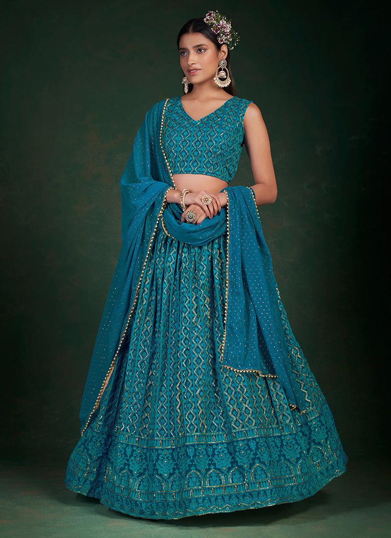 Sleeveless Rama Blue Embroidered Lehenga