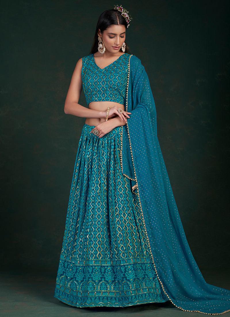 Sleeveless Rama Blue Embroidered Lehenga