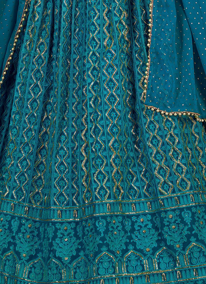 Sleeveless Rama Blue Embroidered Lehenga