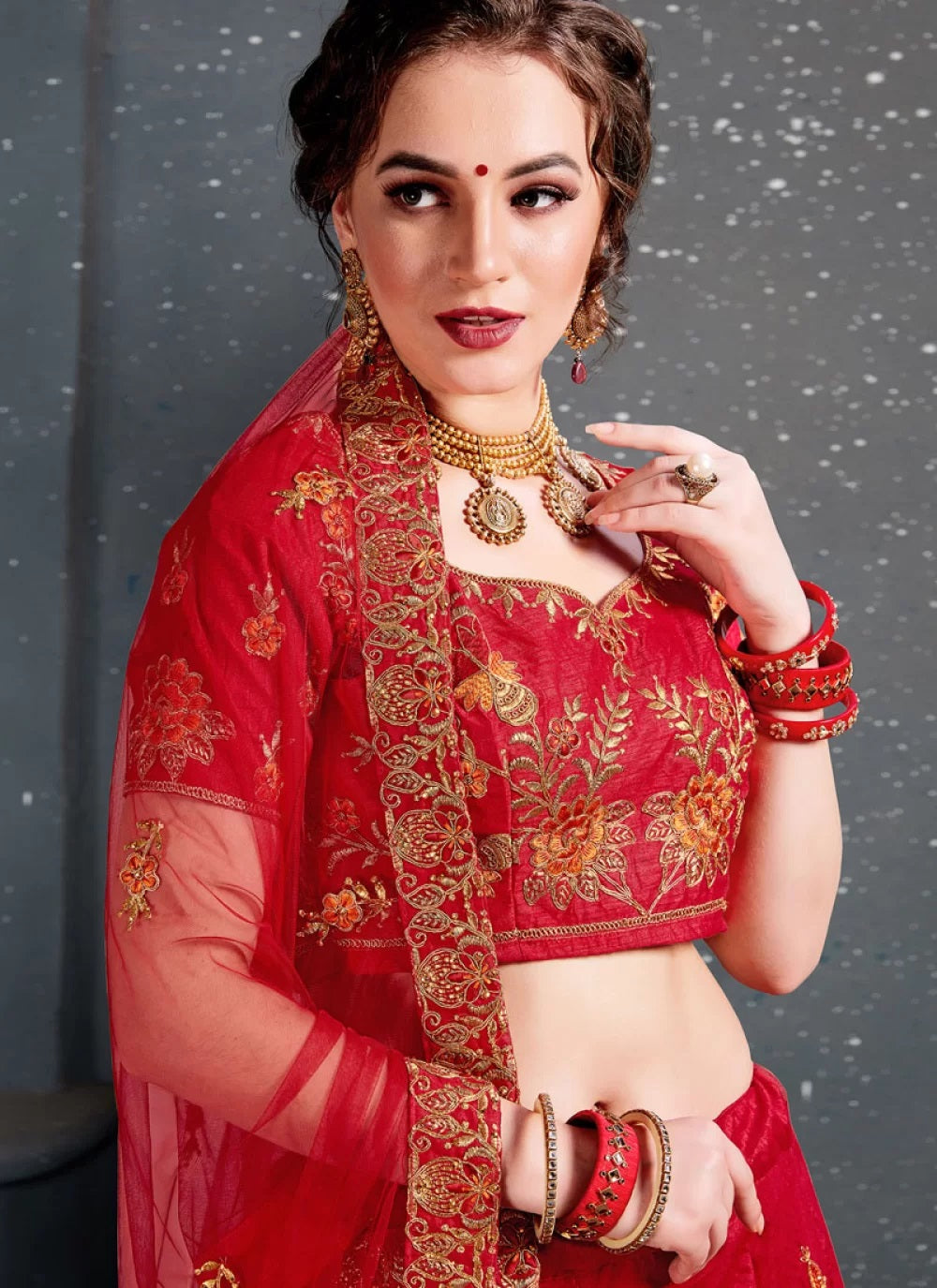Slub silk bridal lehenga in red
