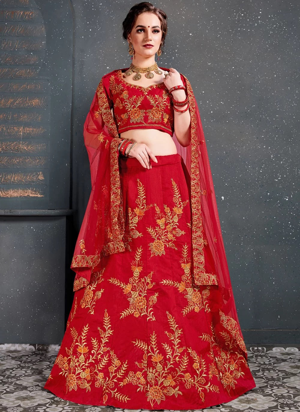 Slub silk bridal lehenga in red