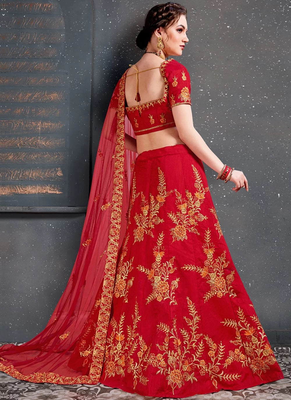 Slub silk bridal lehenga in red