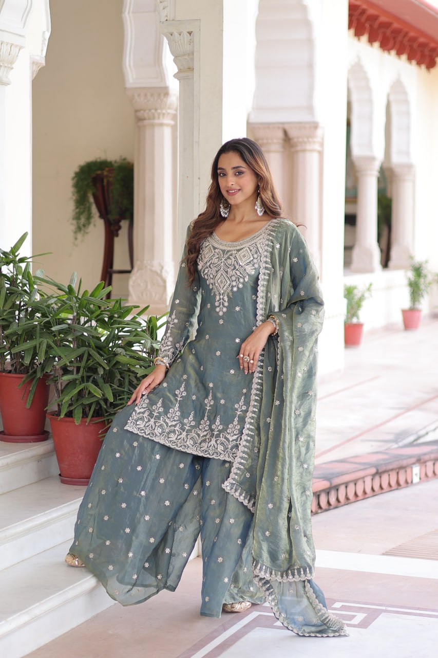 Smoke Gray Fendi Silk Coding Sequins Embroidered Kurti with Sharara & Designer Dupatta – Full Cotton Inner Party & Festive Wear Set