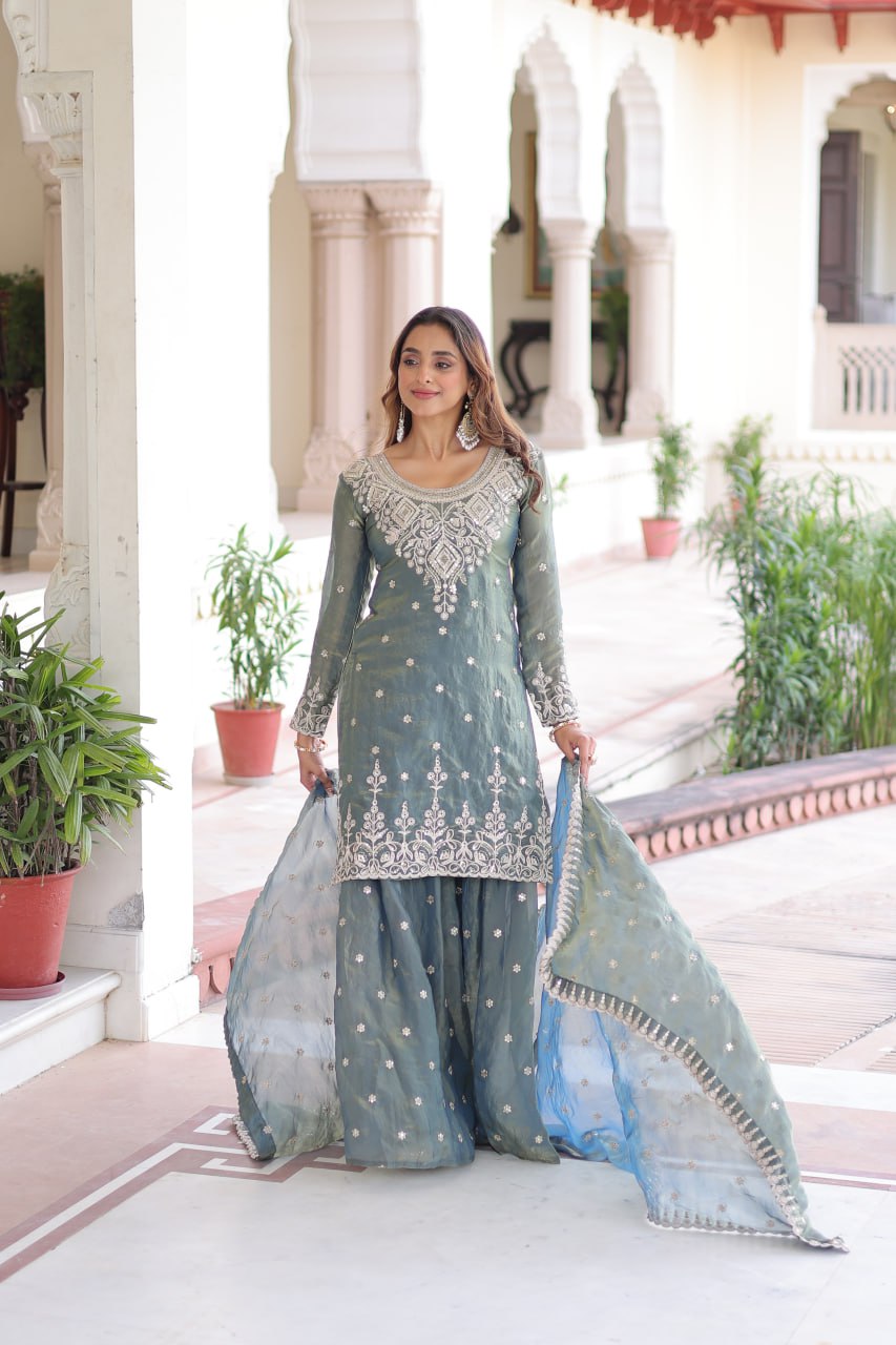 Smoke Gray Fendi Silk Coding Sequins Embroidered Kurti with Sharara & Designer Dupatta – Full Cotton Inner Party & Festive Wear Set