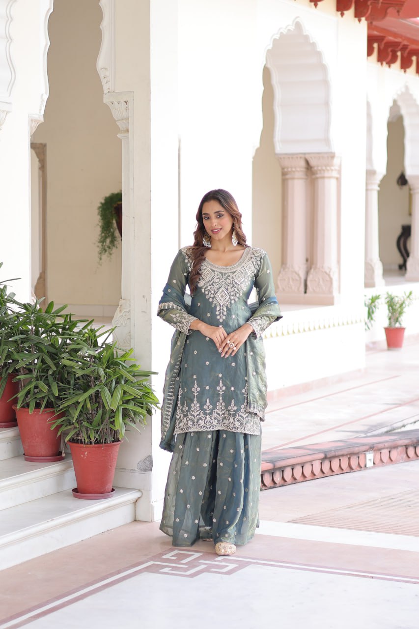 Smoke Gray Fendi Silk Coding Sequins Embroidered Kurti with Sharara & Designer Dupatta – Full Cotton Inner Party & Festive Wear Set