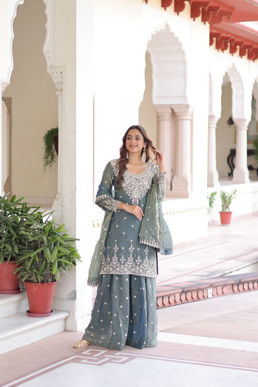 Smoke Gray Fendi Silk Coding Sequins Embroidered Kurti with Sharara & Designer Dupatta – Full Cotton Inner Party & Festive Wear Set
