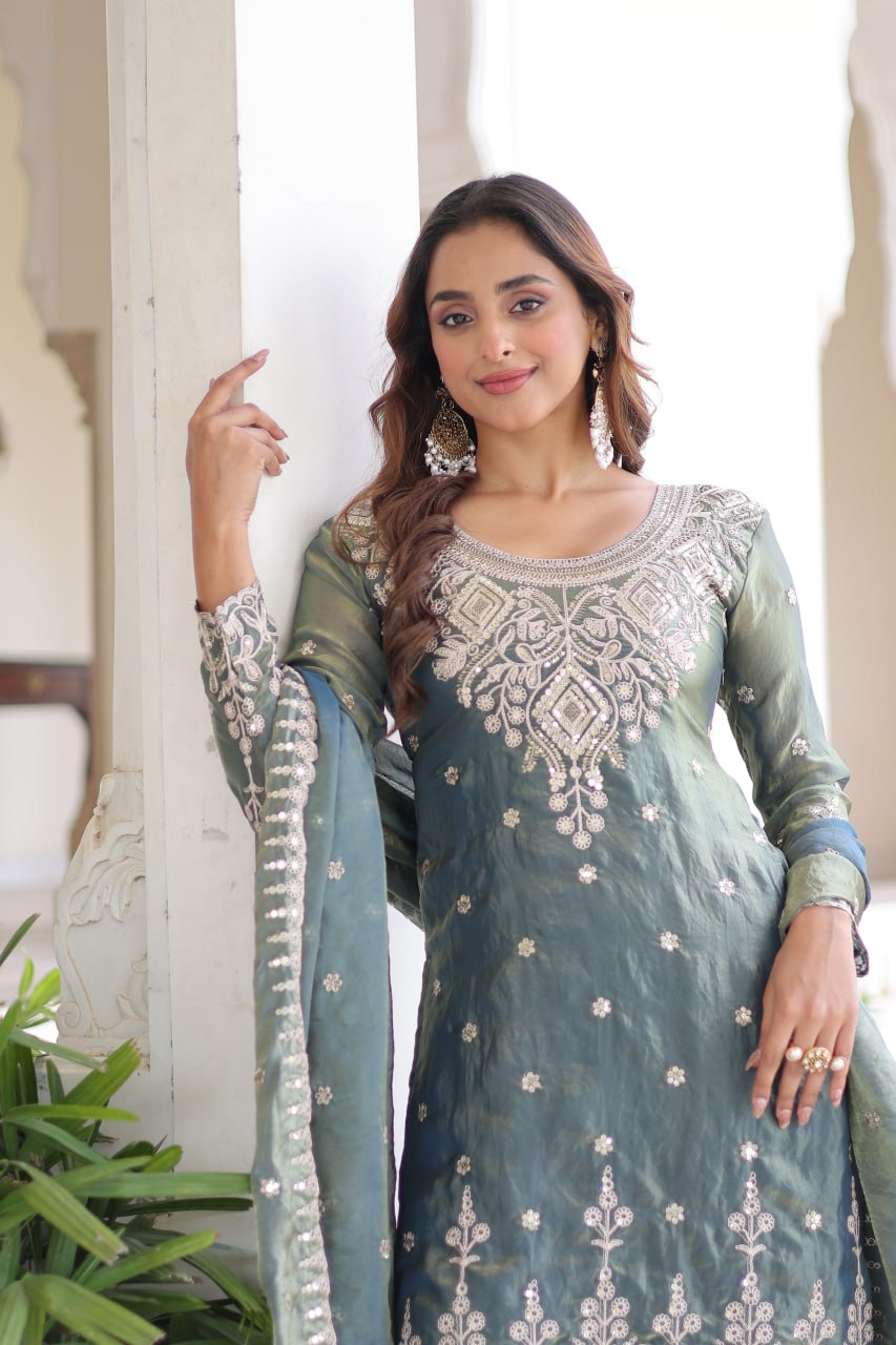 Smoke Gray Fendi Silk Coding Sequins Embroidered Kurti with Sharara & Designer Dupatta – Full Cotton Inner Party & Festive Wear Set