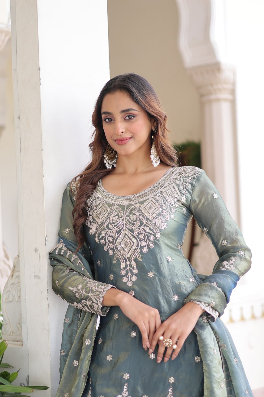 Smoke Gray Fendi Silk Coding Sequins Embroidered Kurti with Sharara & Designer Dupatta – Full Cotton Inner Party & Festive Wear Set