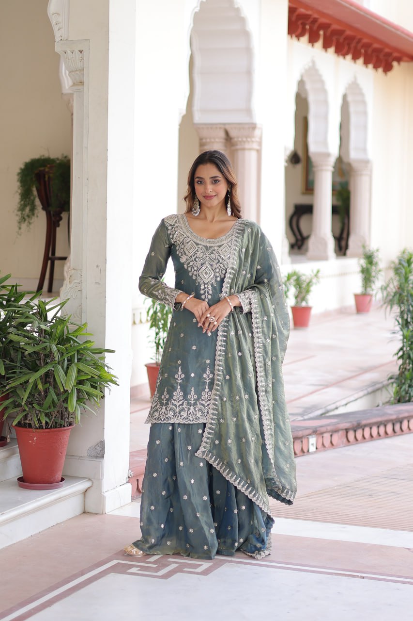 Smoke Gray Fendi Silk Coding Sequins Embroidered Kurti with Sharara & Designer Dupatta – Full Cotton Inner Party & Festive Wear Set