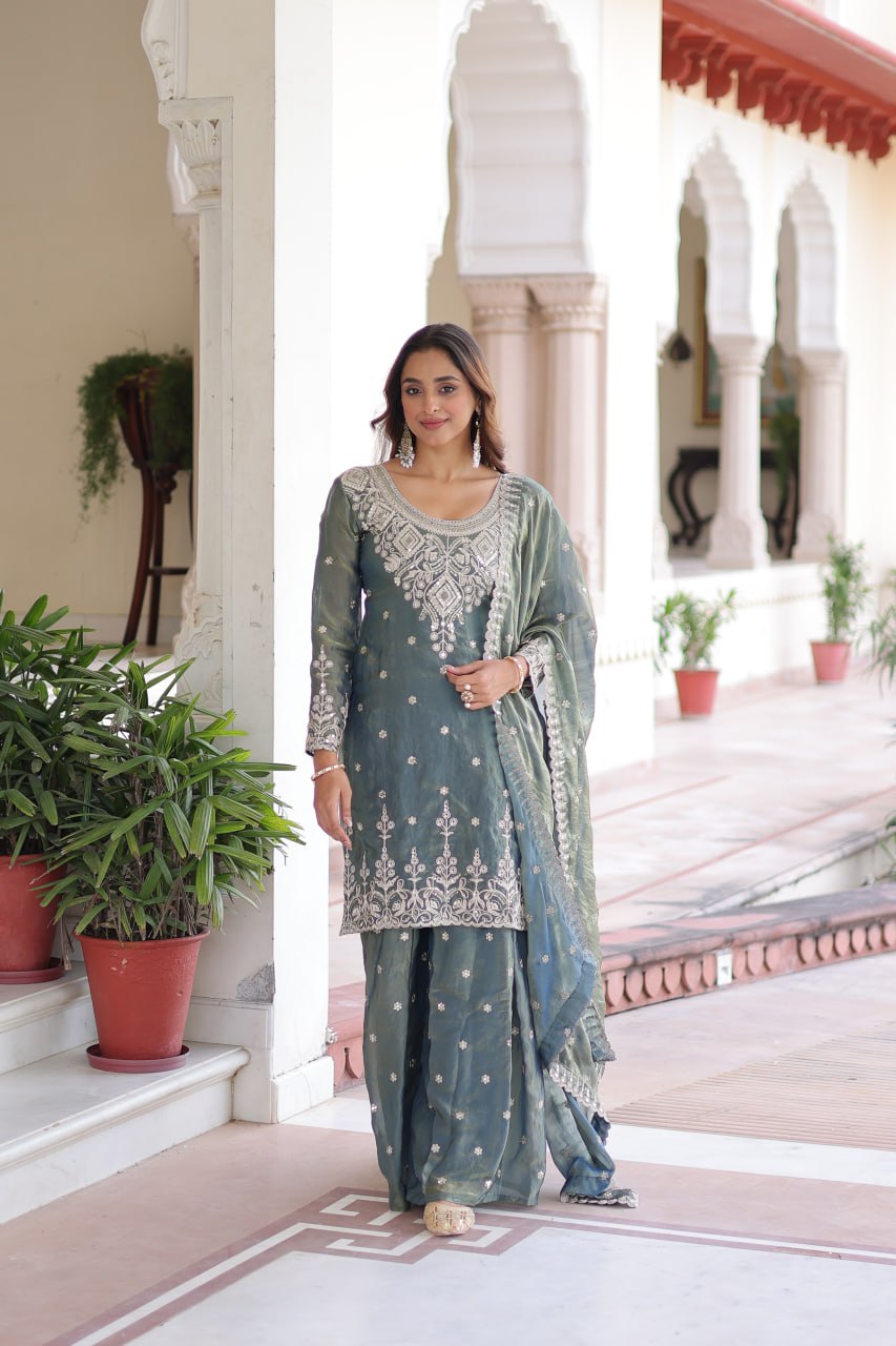 Smoke Gray Fendi Silk Coding Sequins Embroidered Kurti with Sharara & Designer Dupatta – Full Cotton Inner Party & Festive Wear Set
