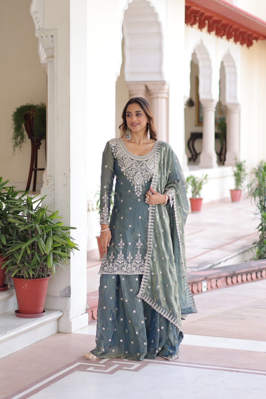 Smoke Gray Fendi Silk Coding Sequins Embroidered Kurti with Sharara & Designer Dupatta – Full Cotton Inner Party & Festive Wear Set