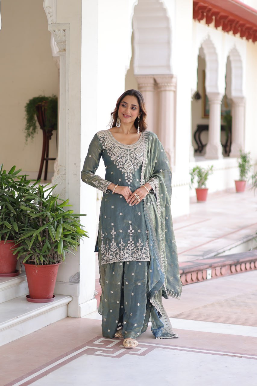 Smoke Gray Fendi Silk Coding Sequins Embroidered Kurti with Sharara & Designer Dupatta – Full Cotton Inner Party & Festive Wear Set