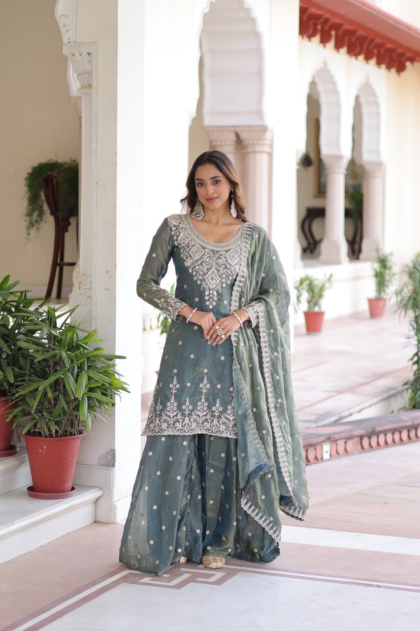 Smoke Gray Fendi Silk Coding Sequins Embroidered Kurti with Sharara & Designer Dupatta – Full Cotton Inner Party & Festive Wear Set