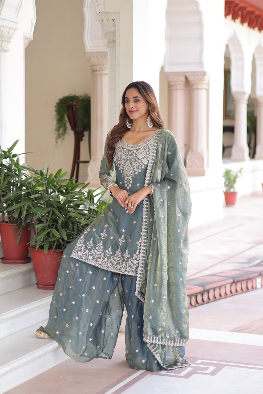 Smoke Gray Fendi Silk Coding Sequins Embroidered Kurti with Sharara & Designer Dupatta – Full Cotton Inner Party & Festive Wear Set