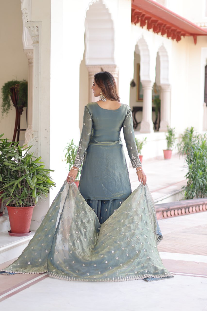 Smoke Gray Fendi Silk Coding Sequins Embroidered Kurti with Sharara & Designer Dupatta – Full Cotton Inner Party & Festive Wear Set